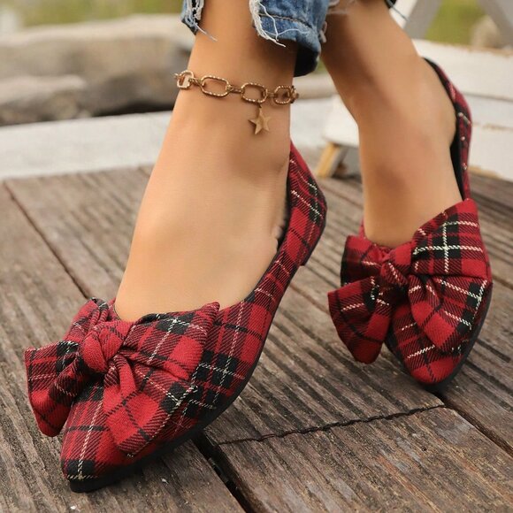 Red Casual Women's Flat Slip-On Shoes with Plaid Bow Floral Loafers - Picture 5 of 6
